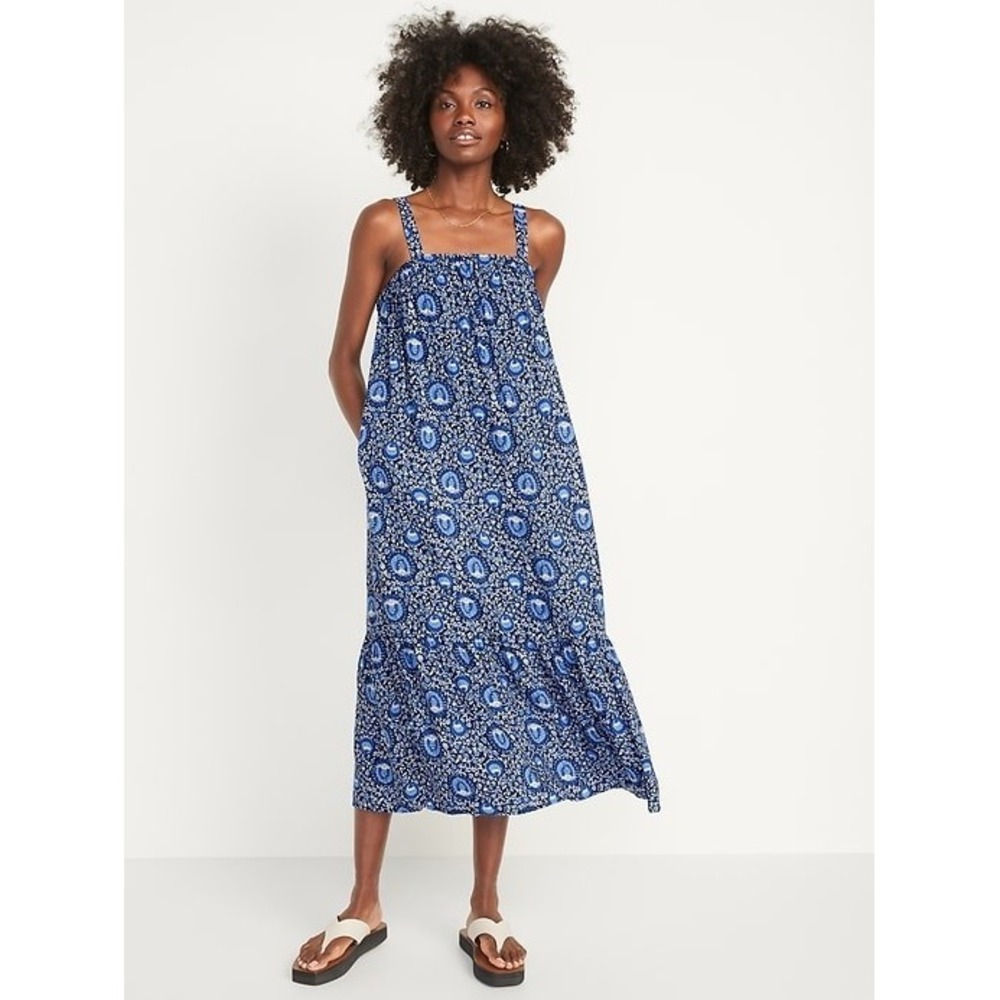 Old Navy Blue Floral Sleeveless Tie-Back Midi Swing Dress Size L Cottagecore